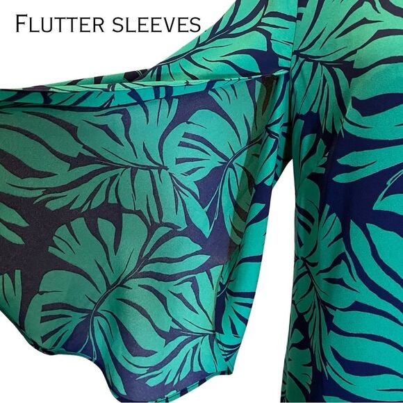 Vibrant Leaf Pattern Dress with Flutter Sleeves SIZE 6 - Picture 3 of 9
